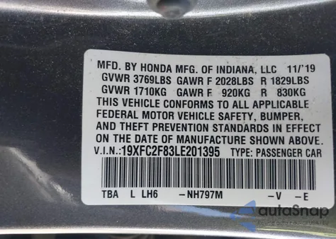 2020 Honda Civic Sport from USA, damaged, VIN 19XFC2F83LE201395